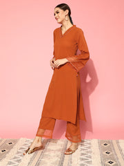 Kalini Women Rust Straight Kurta Paired With Tonal Bottom