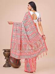 Elegant Pink Jacquard Linen Cotton Saree with Traditional Multicolor Weave & Tassel Pallu – Festive & Casual Wear for Women