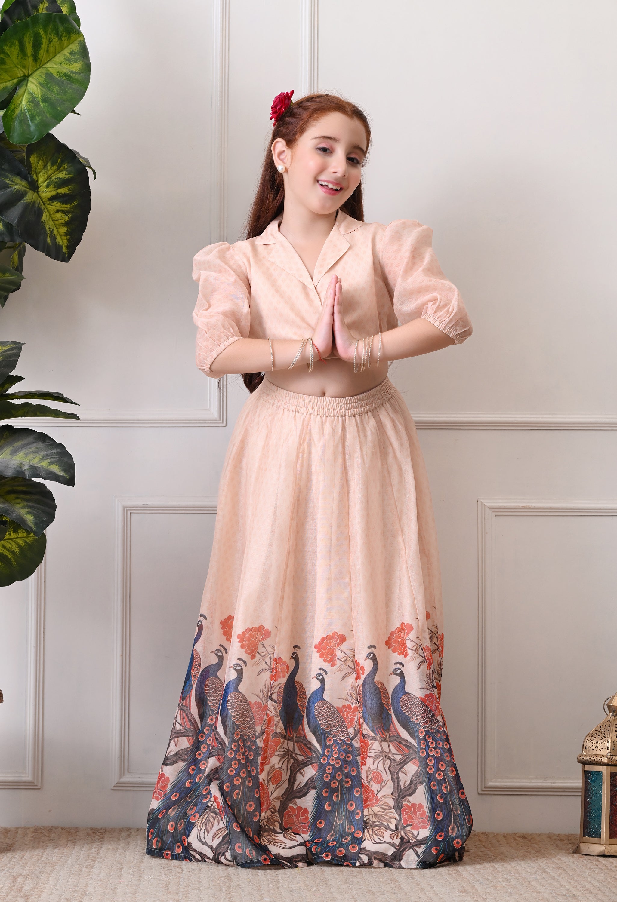 Girls Peach Peacock Print Lehenga Set with Puff Sleeve Blouse