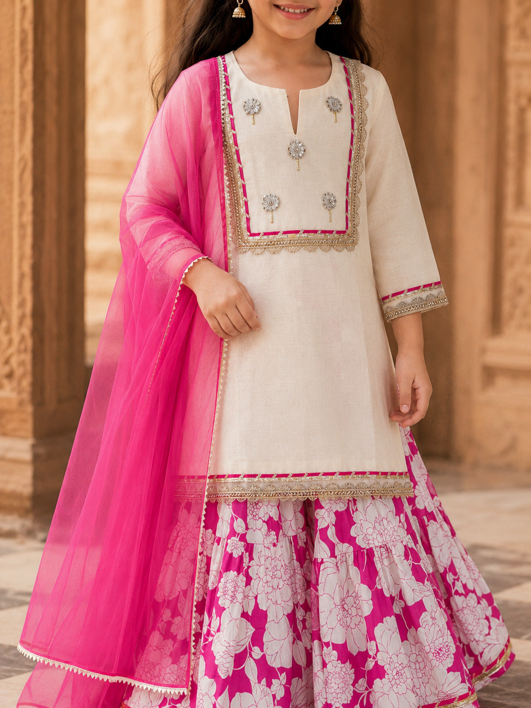 Girls Off white Kurta With Pink Floral Printed Sharara & Dupatta
