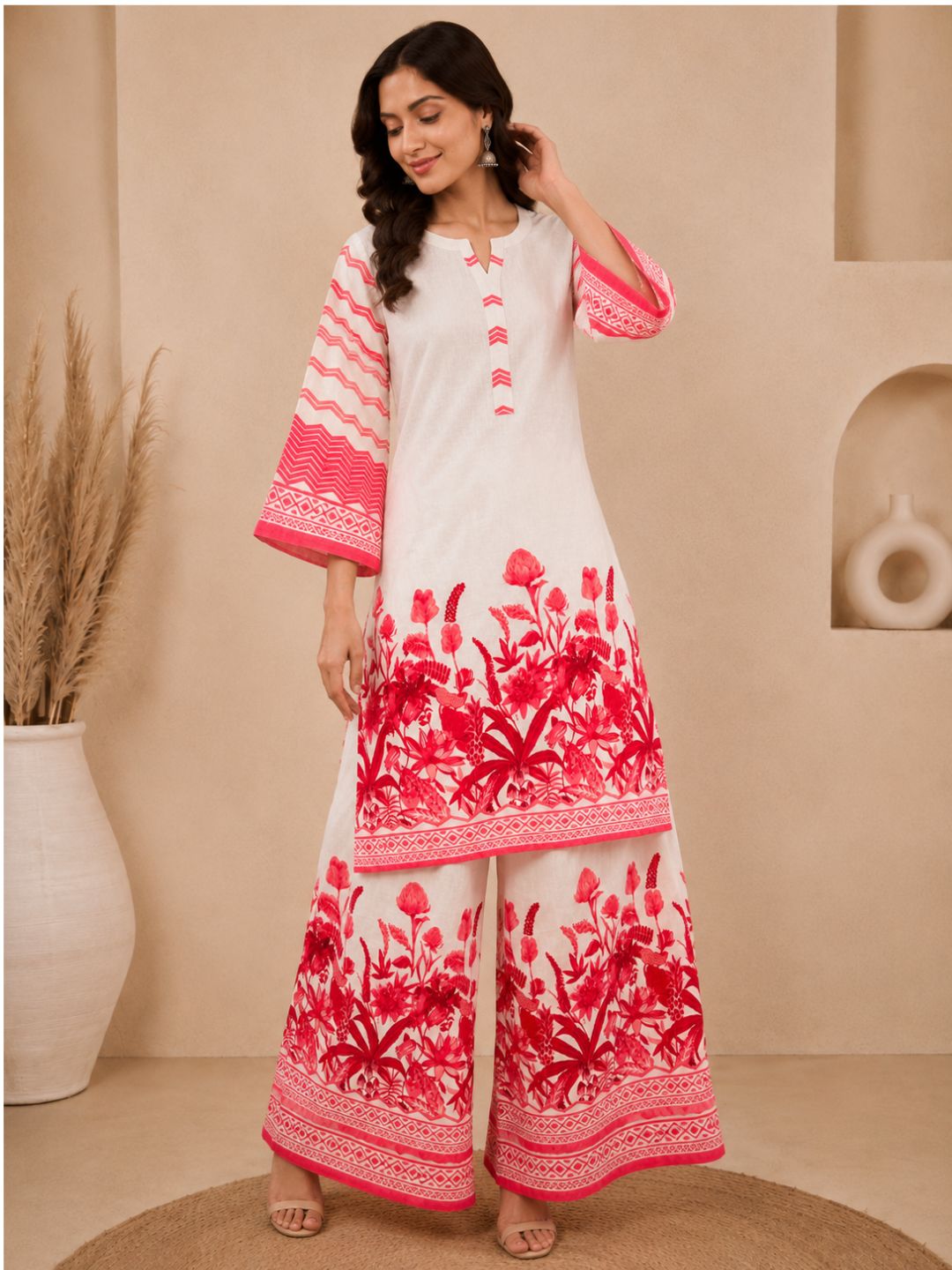 Off White Printed Cotton Straight Kurta Set