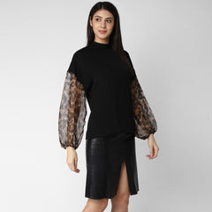 Women's Black top with Animal Print Sleeve