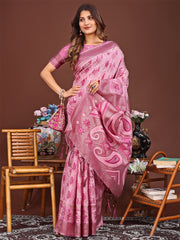 Grace in Every Thread: Pink Patola Linen Cotton Saree Woven with Cultural Elegance