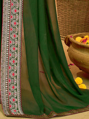 Women's Georgette Green Embellished DesignerSaree With Blouse Piece