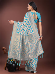 Elegant Pink & Cream Linen Saree with Geometric Design and Zari Border – Festive & Party Wear