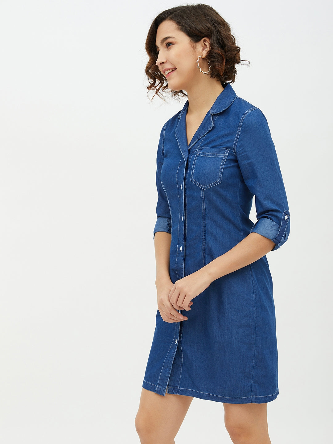 StyleStone Women's Denim Lapel Collar Shirt Dress