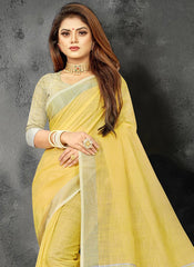 Elegant Peach Woven Linen Saree with Contrast Zari Border & Tassels – Soft & Breathable Party Wear