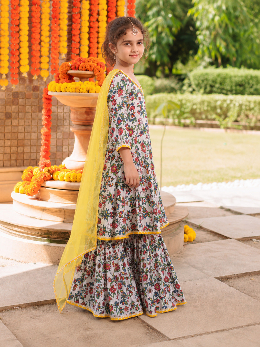 Girls white Floral Printed Kurta with Sharara & Dupatta