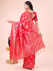 Elegant Banarasi Cotton Saree with Zari Leaf Motifs and Rich Pallu - Traditional Indian Saree for Festive & Wedding Wear