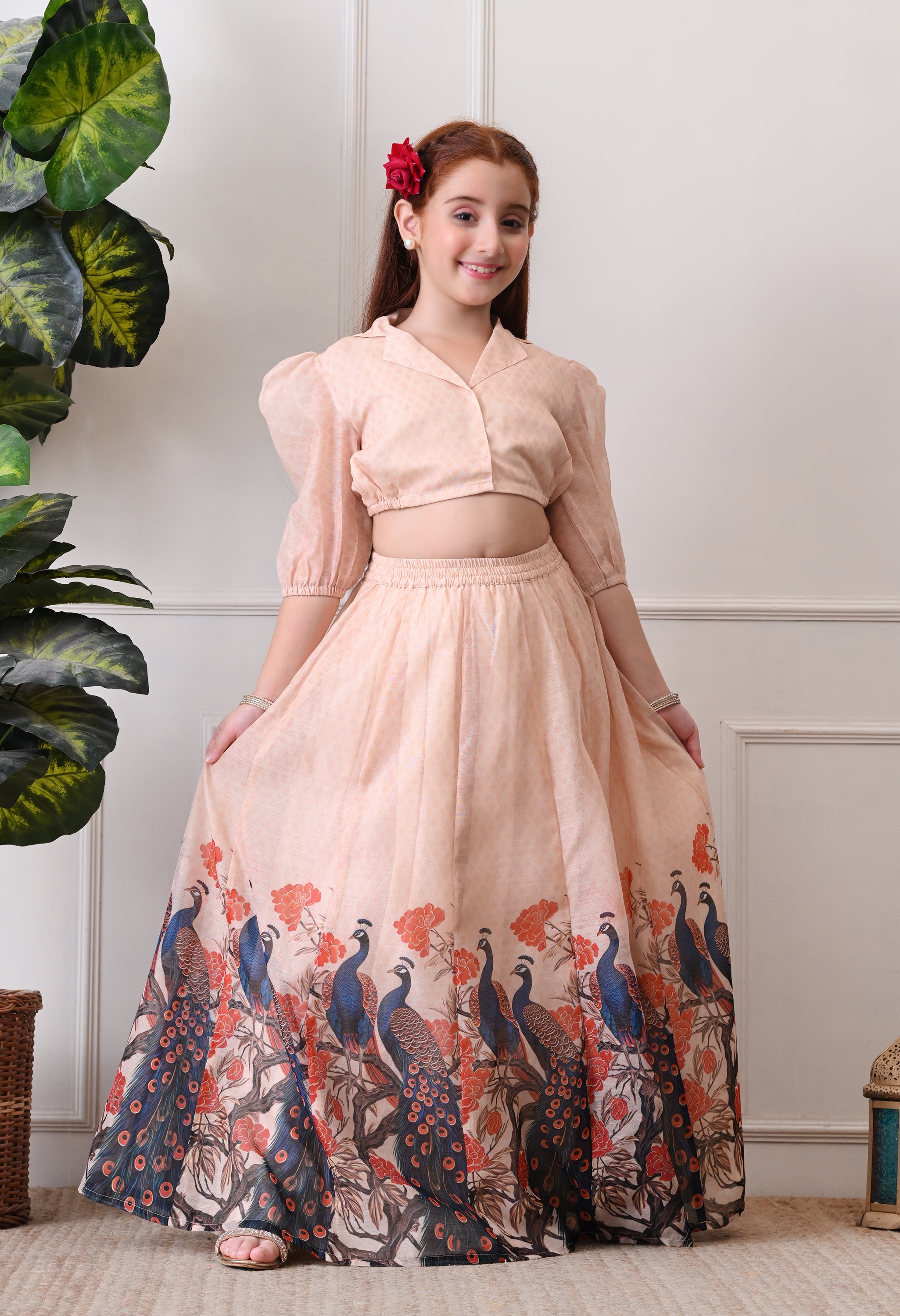 Girls Peach Peacock Print Lehenga Set with Puff Sleeve Blouse