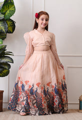 Girls Peach Peacock Print Lehenga Set with Puff Sleeve Blouse