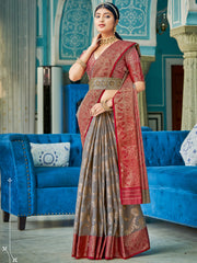 Yellow Red Linen Cotton Saree with Rich Zari Border Festive Wear Saree for Wedding and Party