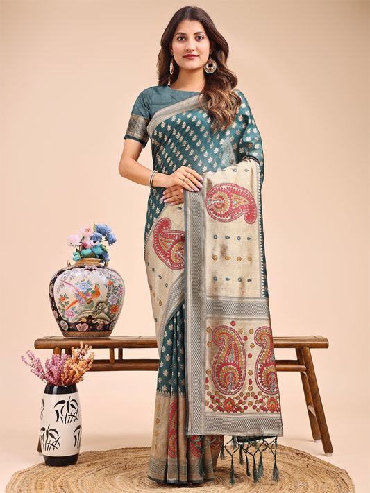 Grace in Every Thread – Sea Green & Beige Linen Cotton Saree with Royal Paisley Charm