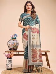 Grace in Every Thread – Sea Green & Beige Linen Cotton Saree with Royal Paisley Charm