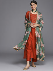 Women maroon & silver embroidered Straight Kurta with Solid Trouser and Printed Dupatta with fringes
