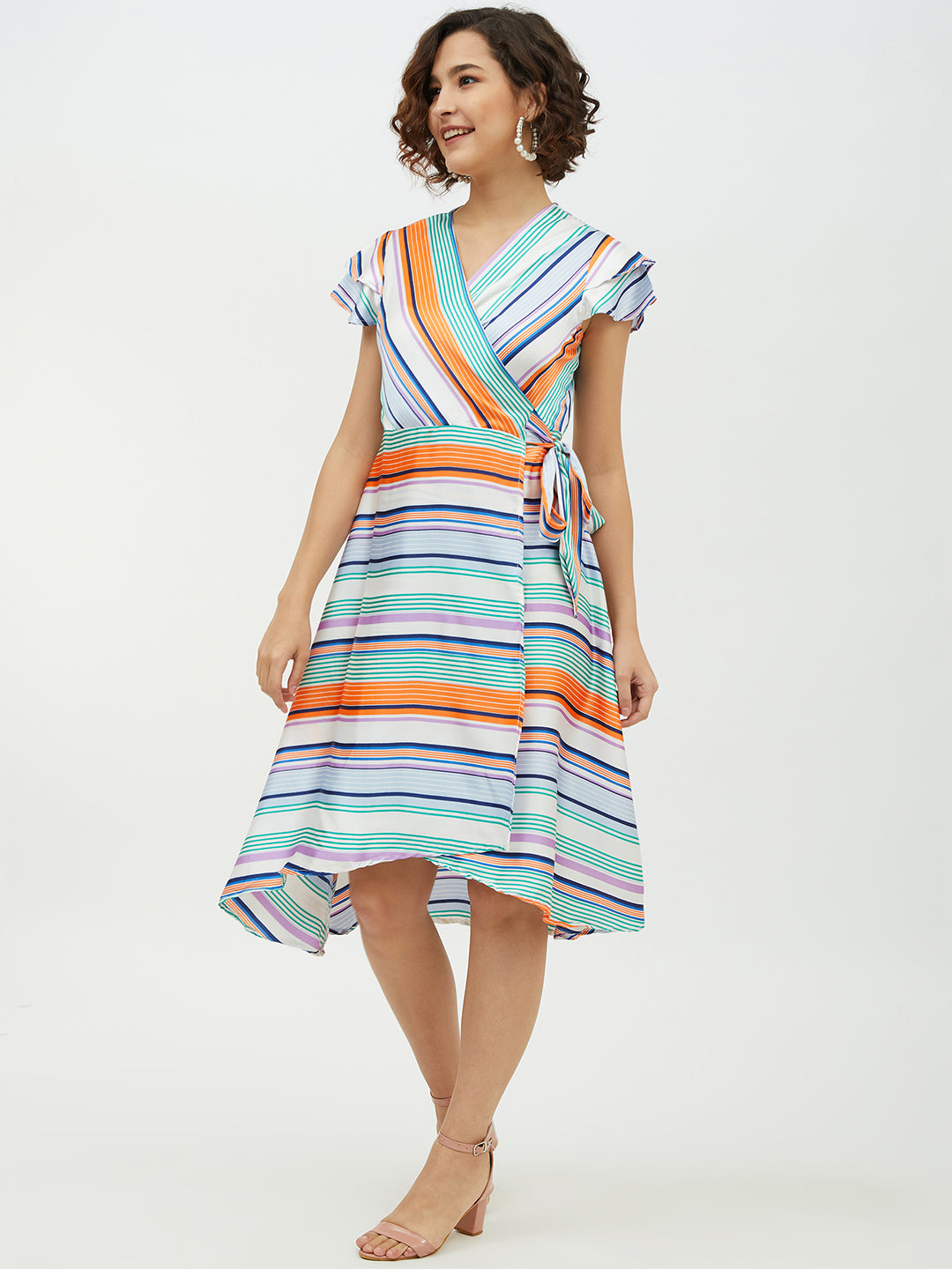 StyleStone Women's Polyester Satin Striped Wrap Dress