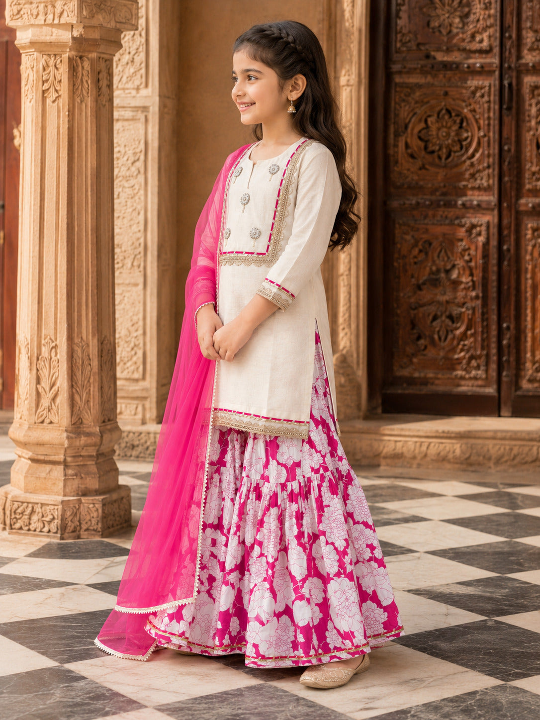 Girls Off white Kurta With Pink Floral Printed Sharara & Dupatta