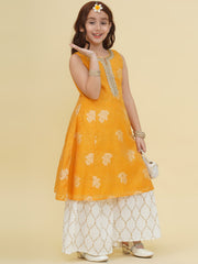 Girls Yellow Self design Kurta With Sharara