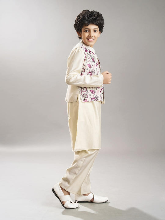 Boys off white kurta pajama with modal booti embroidery jacket