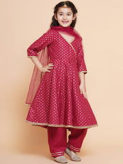 Girls Ethnic Motifs Printed Angrakha Pure Cotton Kurta with Trousers & Dupatta