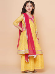 Silk blend Woven Three-Quarter Sleeves Woven Design Flared Kurta And Sharara With Dupatta Set - Yellow