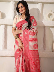 Elegant Woven Linen Cotton Saree for Durga Puja & Diwali | Ethnic Motif Design with Rich Zari Border | Soft, Breathable, Festive-Ready Traditional Drape