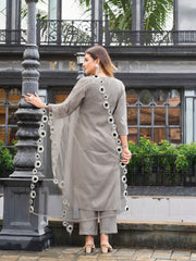 Steel Grey color silk blend thread & sequence work on neck A line kurta & trouser with dupatta set 