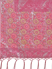 Premium Pink & Sky Blue Floral Woven Lichi Silk Saree with Rich Pallu & Tassels – Festive & Party Wear for Women