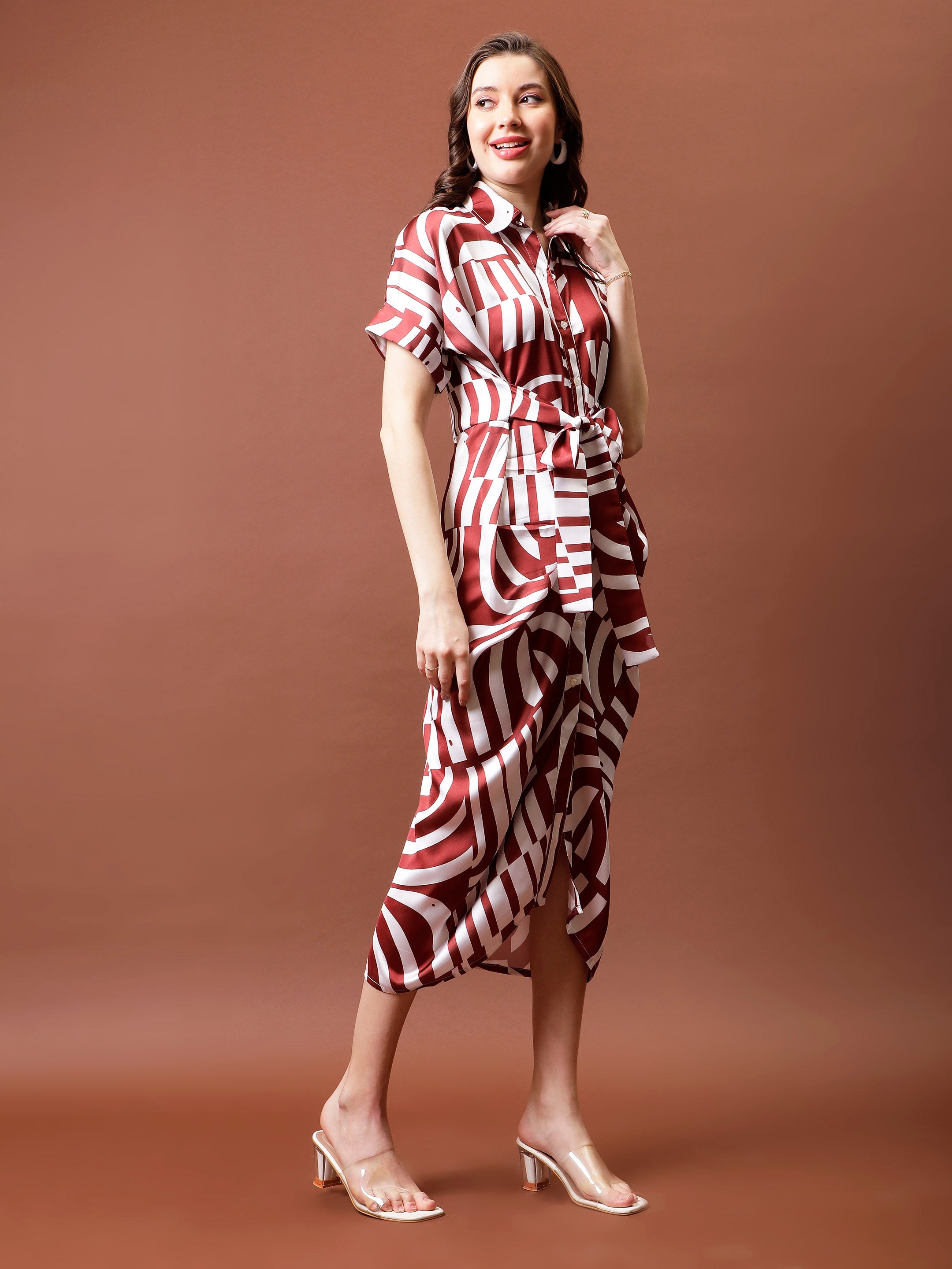 Printed Satin Shirt Collar Shirt Midi Dress