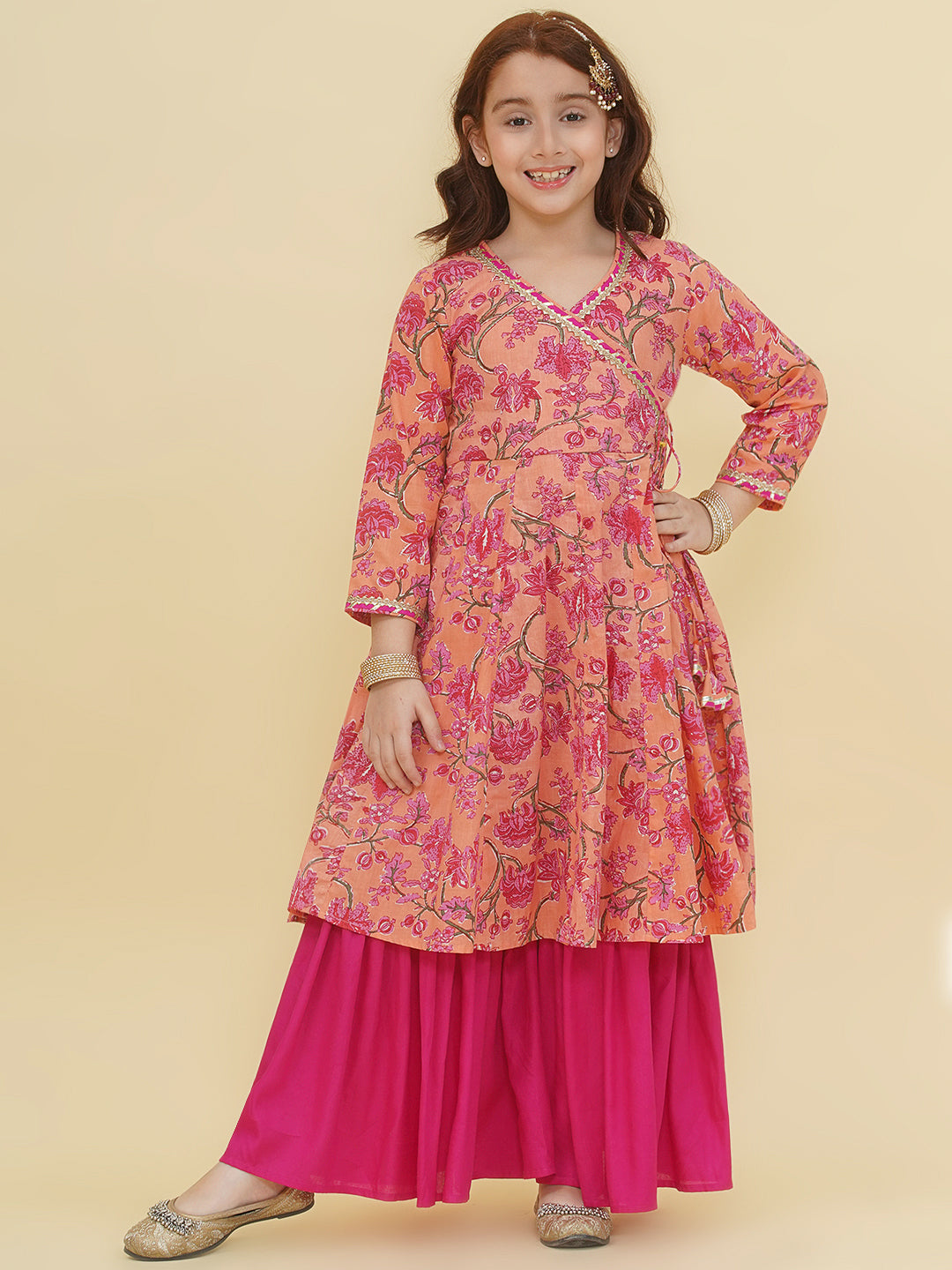 Girls Peach Floral Printed Angrakha Kurta with Sharara