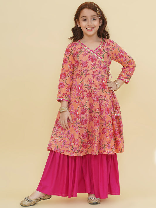 Girls Peach Floral Printed Angrakha Kurta with Sharara