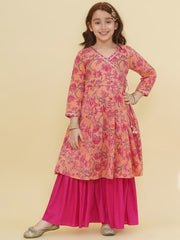 Girls Peach Floral Printed Angrakha Kurta with Sharara