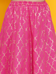 Girls Off white Choli, Pink Foil Printed Lace work Lehenga with Dupatta