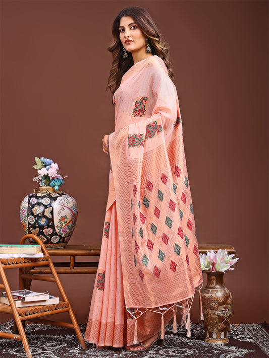 Peach Jaquard Saree with Tassels – Radiate Soft Elegance and Timeless Beauty