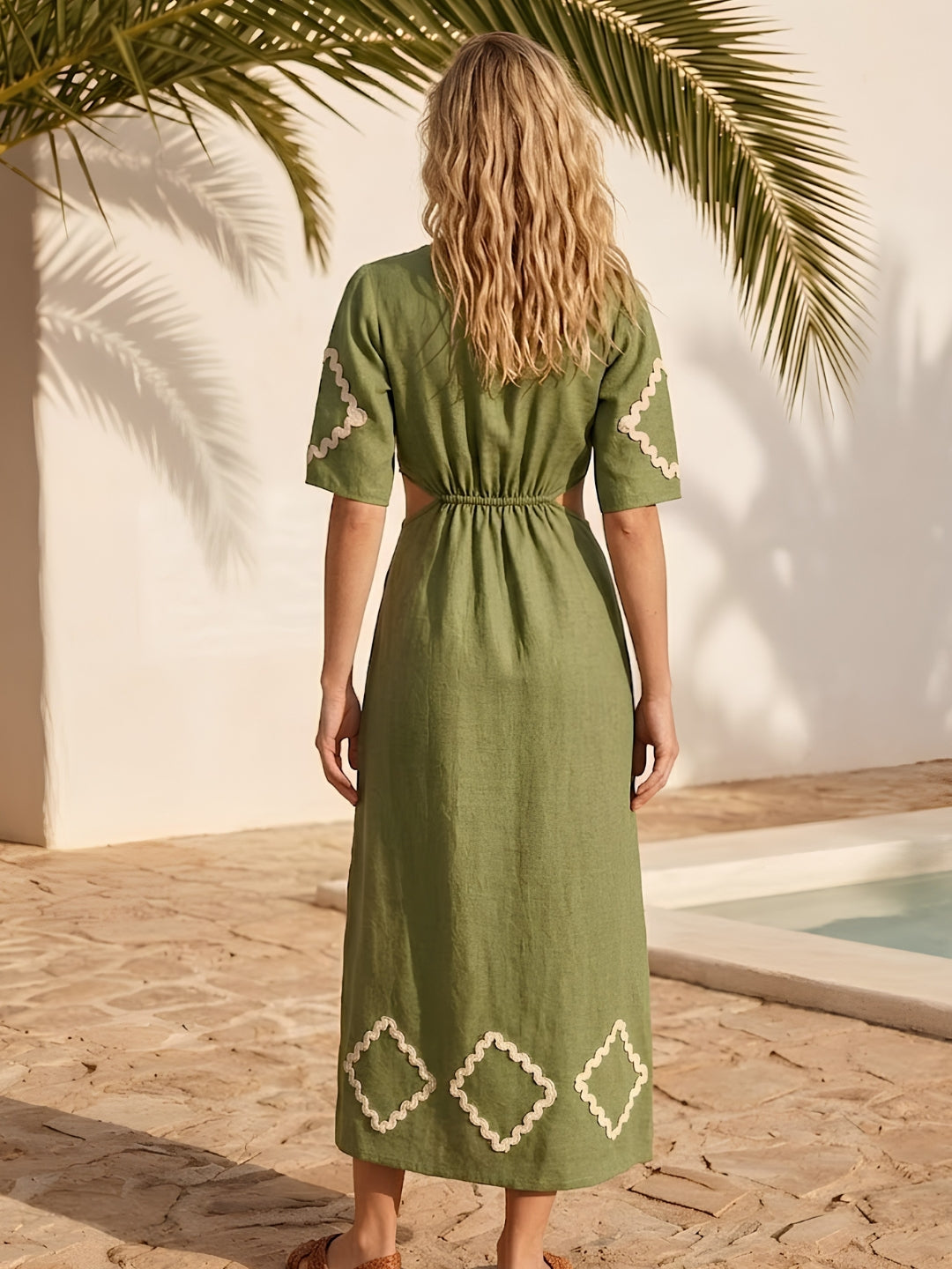 Puff Sleeve Linen A-Line Midi Dress-ADR-19830A