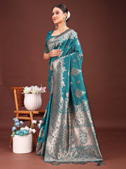 Emerald Banarasi Silk Saree with Zari Floral Work - Elegance Woven in Every Thread