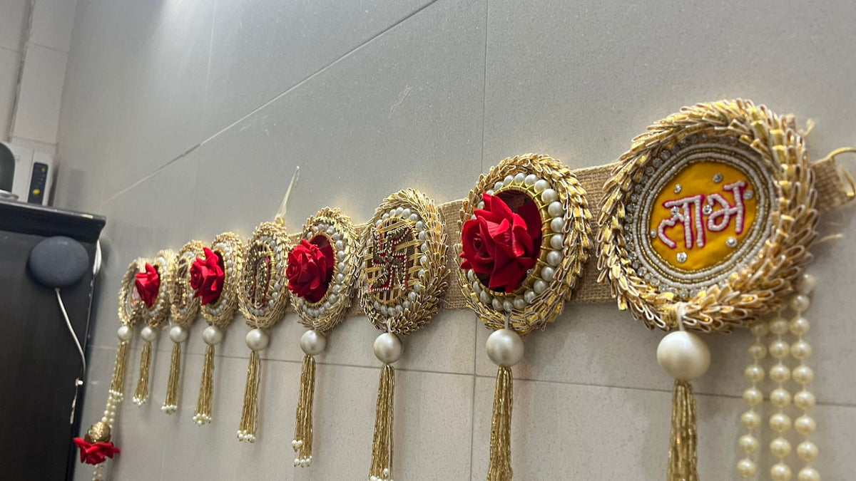 Traditional Handcrafted Toran Door Hanging with Red Roses, Gold Metallic Trim, Pearl Beads, Decorative Wall Decor for Indian Festivals
