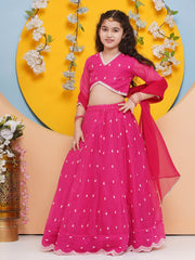 Girls Pink Embroidered Ready to Wear Lehenga Choli with Dupatta