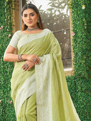 Linen Cotton Saree with Intricate Woven Border & Contrast Pallu | Soft Lightweight Traditional Drape | Tassel Edge | Unstitched Blouse Piece