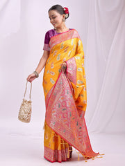 Banarasi Silk Saree with Silver Zari Border & Paisley Design - Festive Wedding Wear | Elegant Traditional Pallu | Soft Silk Finish for Women | Cultural Ethnic Saree