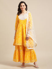 Kalini Women Mustard And White Bandhej Printed Flared Kurta Sharara Set With Net Embroidered Dupatta.