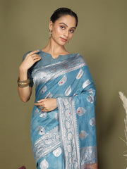 Green Floral Linen Cotton Saree with Zari Border & Digital Printed Pallu – Elegant Sari for Festive Occasions