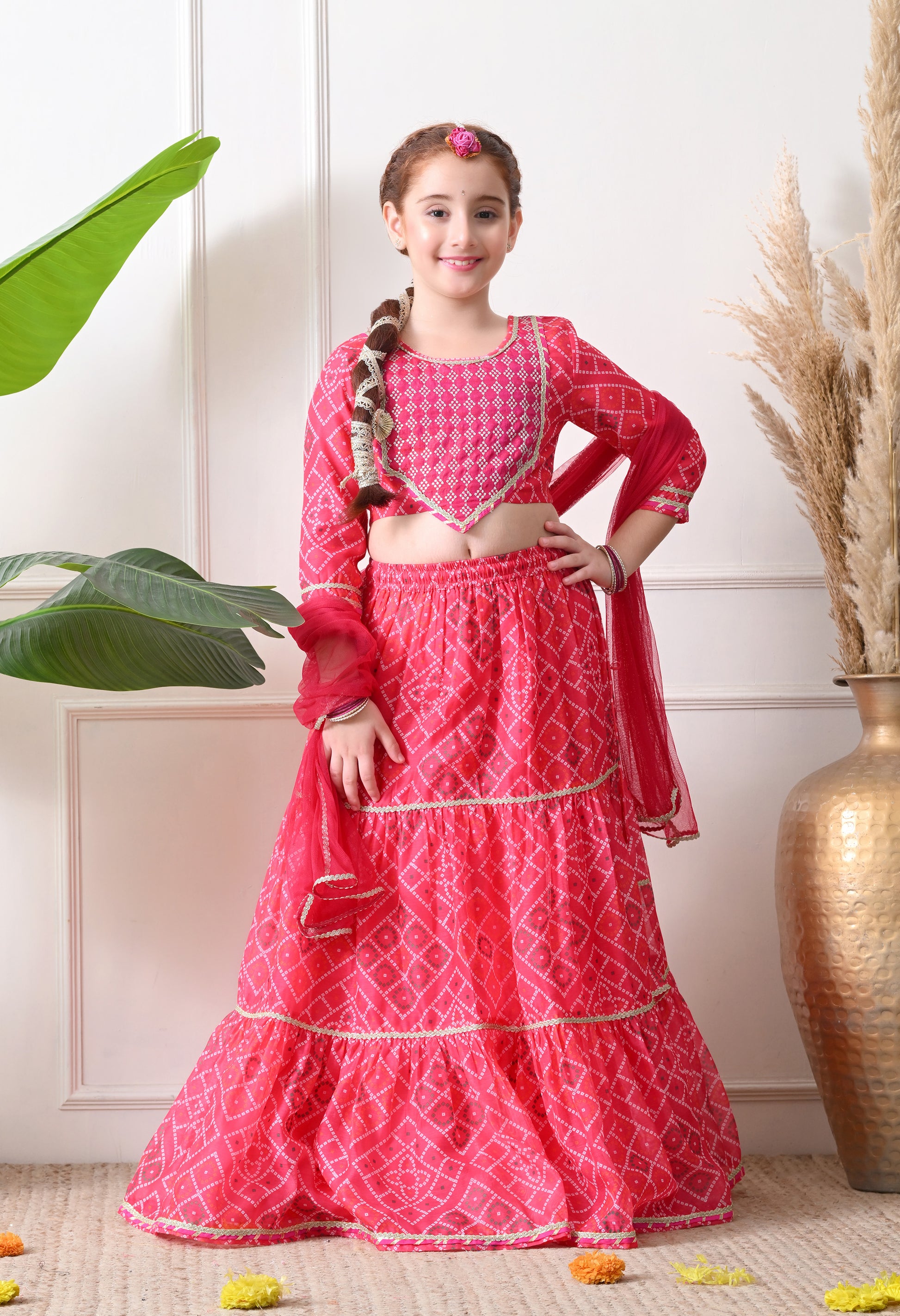 Girls Pink Printed Lehenga Choli Set with Embroidery and Dupatta