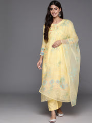 Women Yellow Abstract Printed Round Neck Straight Pure Muslin Kurta Paired With Tonal Bottom And   Organza Embroiderd Dupatta