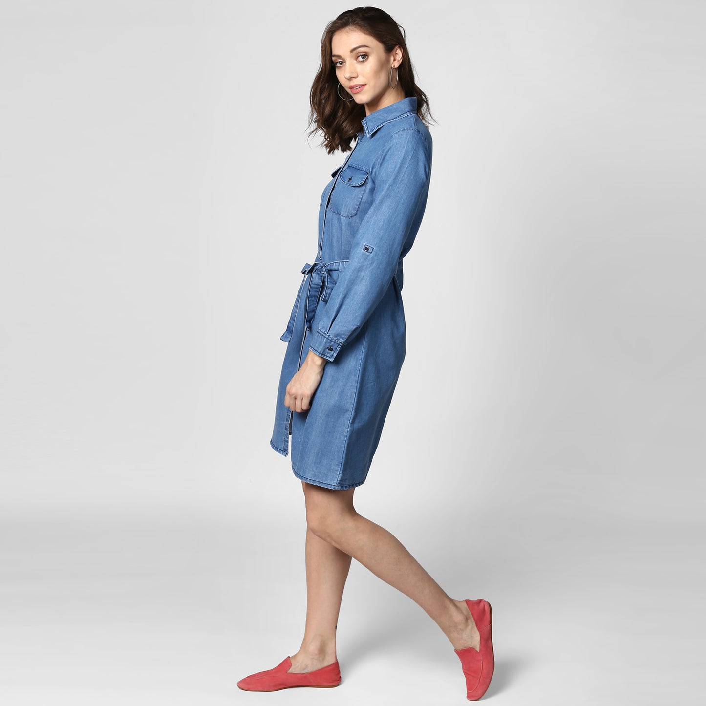 StyleStone Women's Blue Denim Double Pocket Double Flap Dress