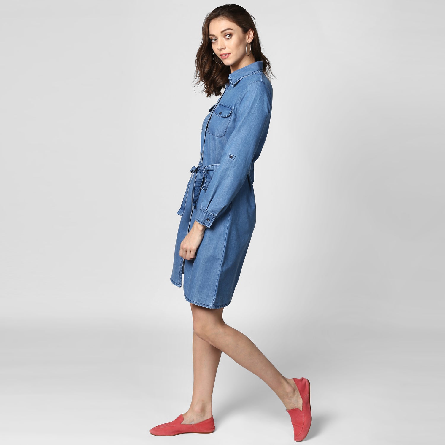 StyleStone Women's Blue Denim Double Pocket Double Flap Dress