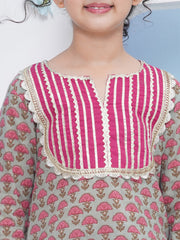cotton Woven Three-Quarter Sleeves Floral Print A Line Kurta And Salwar With Dupatta Set - Green