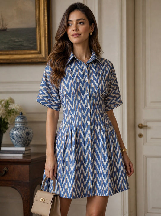 StyleStone Women's Polyester Blue Chevron Dress with Waist Fitting