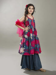 Girls Grey Floral Printed Empire Gotta Patti Kurta with Sharara & With Dupatta