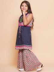 Girls Navy Blue Embroidered Jacket Style kurta with Sharara